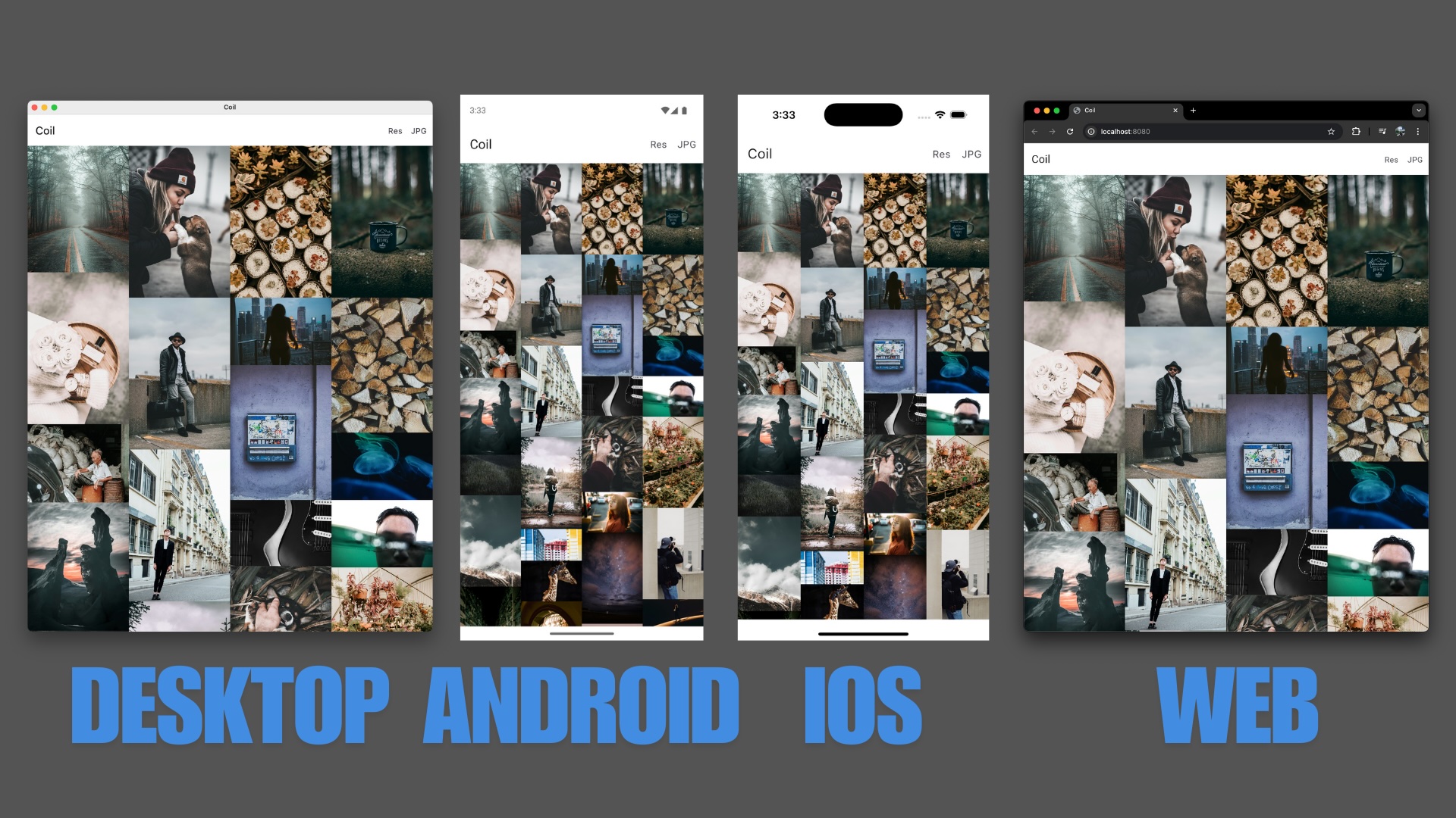 4 screenshots of the Coil sample app on each platform